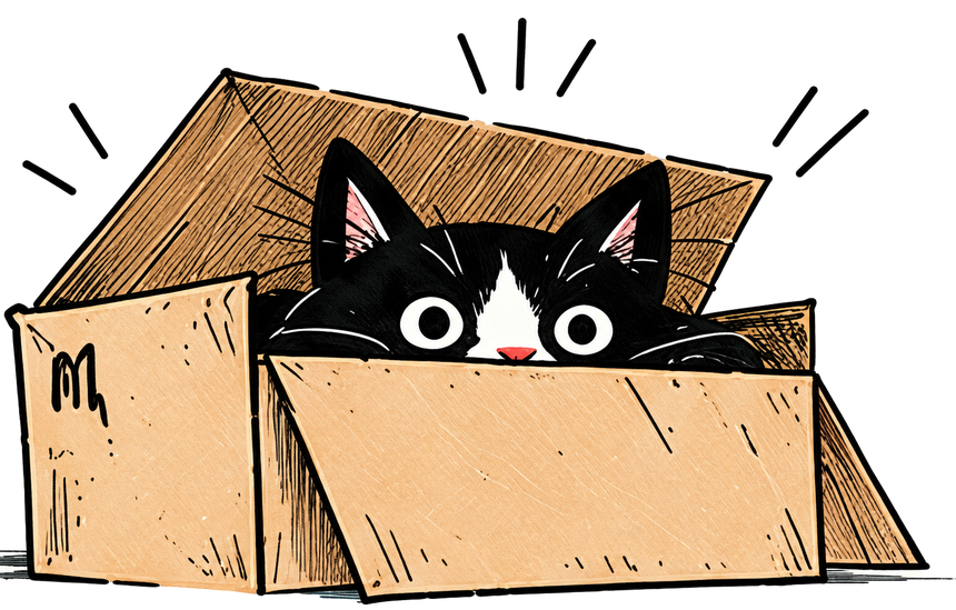 Wide-eyed tuxedo cat peeking from an open cardboard box.
