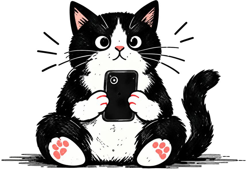 Tuxedo cat watching a video on a phone.