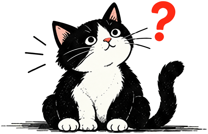 Curious tuxedo cat looking at a red question mark.