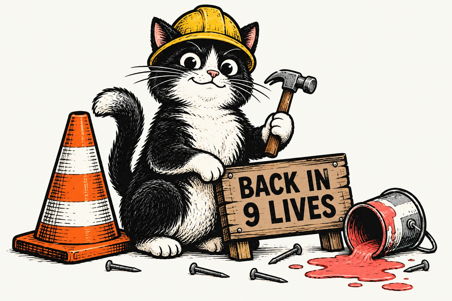 A tuxedo cat in a yellow hard hat holding a hammer beside a traffic cone, a sign reading Back in 9 lives, and a spilled can of red paint.